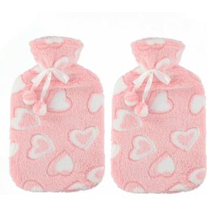 Warmwaterkruiken 2 liter met zachte fleece hoes roze/hartjes 2x stuks - Kruiken