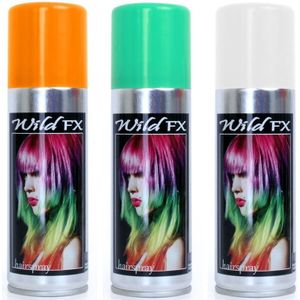 Set van 3x kleuren haarverf/haarspray van 125 ml - Groen, Oranje en Wit - Verkleedhaarkleuring