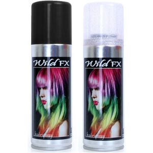 Set van 2x kleuren haarverf/haarspray van 125 ml - Zwart en Zilver glitters - Verkleedhaarkleuring