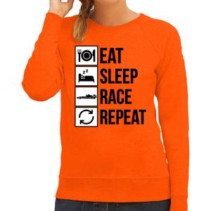 Eat sleep race repeat supporter / race fan sweater oranje voor dames - Feesttruien