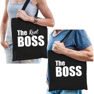Katoenen tassen zwart the boss en the real boss volwassenen - Feest Boodschappentassen