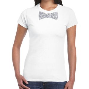 Wit fun t-shirt met vlinderdas in glitter zilver dames - Feestshirts