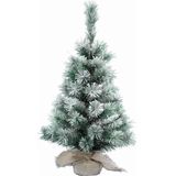 Kunst kerstboom met sneeuw 35 cm in jute zak inclusief 20 helder witte lampjes - Kunstkerstboom