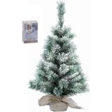 Kunst kerstboom met sneeuw 35 cm in jute zak inclusief 20 helder witte lampjes - Kunstkerstboom