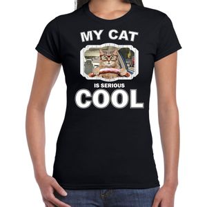 Brildragende rijdende kat katten / poezen t-shirt my cat is serious cool zwart voor dames - T-shirts