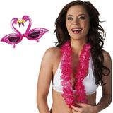 Tropische Hawaii party verkleed accessoires set - Flamingos zonnebril - bloemenkrans roze - Verkleedkransen