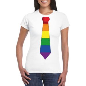 Wit t-shirt met regenboog vlag stropdas dames - Feestshirts