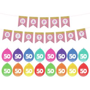 Verjaardag 50 jaar geworden versiering - 32x thema ballonnen - 1x Happy Birthday slinger 300 cm - Ballonnen