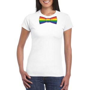 Wit t-shirt met regenboog vlag strikje dames - Feestshirts