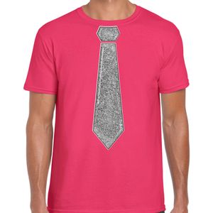 Verkleed t-shirt voor heren - stropdas glitter zilver - roze - carnaval - foute party - Feestshirts