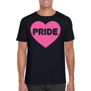 Gay Pride T-shirt voor heren - pride - roze glitter hartje - zwart - LHBTI - Feestshirts