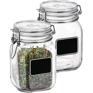 Voorraad/weckpot - 2x - transparant - glas - 16 x 10,6 cm - 1 L - krijtplaatje - Bormioli Rocco - Weckpotten