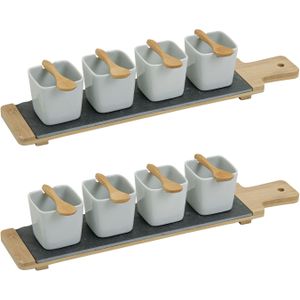 8x Snackschaaltjes/sausschaaltjes wit porselein vierkant 7 cm op serveerplank - Snack en tapasschalen