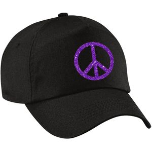 Paars glitter peace teken verkleed pet/cap zwart volwassenen - Verkleedhoofddeksels