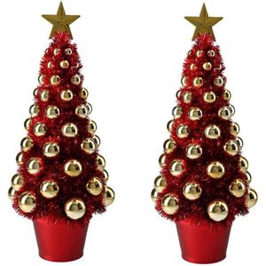 2x stuks complete mini kunst kerstboompje/kunstboompje rood/goud met kerstballen 40 cm - Kunstkerstboom