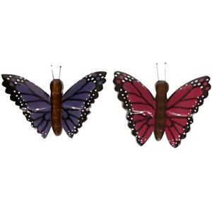 2x magneet hout paarse en roze vlinder - Magneten