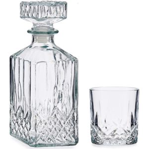 Luxe Karaf van gedecoreerd glas met 4x stuks water/whisky glazen set - Whiskeyglazen