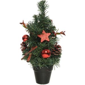 Mini kunst kerstbomen/kunstbomen met rode versiering 30 cm - Kunstkerstboom