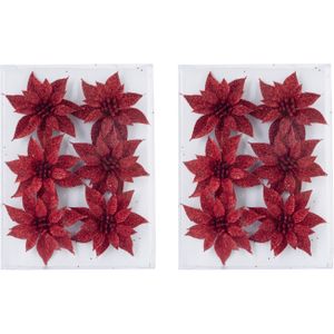 18x stuks decoratie bloemen rozen rood glitter op ijzerdraad 8 cm - Kersthangers