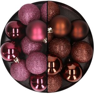 24x stuks kunststof kerstballen mix van aubergine en donkerbruin 6 cm - Kerstbal
