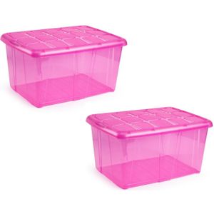 4x Opslagbakken/organizers met deksel 60 liter 63 x 46 x 32 transparant roze - Organizers/opbergbakken