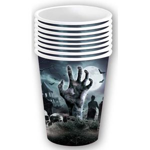 Halloween/horror begrafenis feest bekers - 18x - zwart - papier - 240 ml - Feestbekertjes