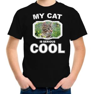 Bruine kat katten / poezen t-shirt my cat is serious cool zwart voor kinderen - T-shirts