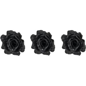 3x stuks decoratie bloemen roos zwart glitter op clip 10 cm - Decoratiebloemen/kerstboomversiering/kerstversiering