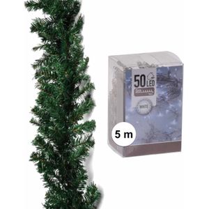 Dennenslinger/dennen guirlande groen 270 cm met helder witte verlichting - Kerstslingers