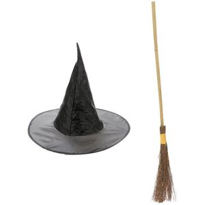 Carnavalskleding heksen accessoires heksenhoed en heksenbezem 100 cm voor meisjes/kinderen - Verkleedattributen