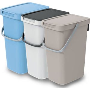 GFT/rest afvalbakken set - 3x - beige/wit/blauw - 12L - afsluitbaar - 20 x 26 x 37 cm - afval scheid - Prullenbakken