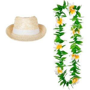 Carnaval verkleed set - Tropische Hawaii party - Ibiza strohoedje - en bloemenkrans groen/wit - Verkleedhoofddeksels