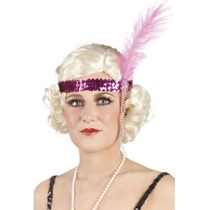 Charleston hoofdband roze met veer - Verkleedhaardecoratie
