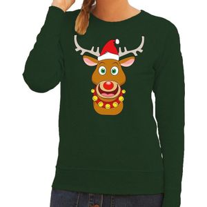 Foute kersttrui rendier Rudolf met rode kerstmuts groen dames - kerst truien