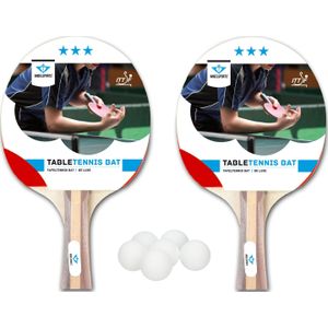 Set van 2x tafeltennis batjes 3 sterren + 18x tafeltennis/ping pong balletjes wit 4 cm  - Tafeltennisbats