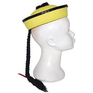 Aziatisch hoedje geel met vlechtje - Verkleedhoofddeksels