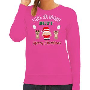 Foute Kersttrui/sweater voor dames - I Wish You Nothing Butt Merry Christmas - roze - Kerstman - kerst truien