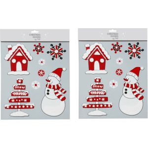 2x stuks velletjes raamstickers sneeuwversiering rood/wit 34,5 cm - Feeststickers