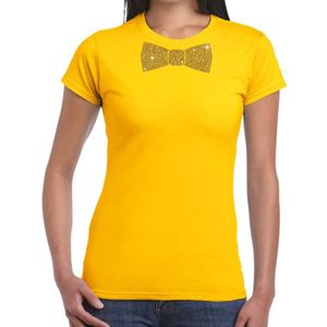 Geel fun t-shirt met vlinderdas in glitter goud dames - Feestshirts