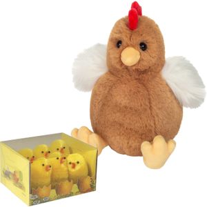 Hermann Teddy Pluche kip knuffel - 18 cm - multi kleur - met 6x kuikens van 5 cm - kippen familie - Vogel knuffels