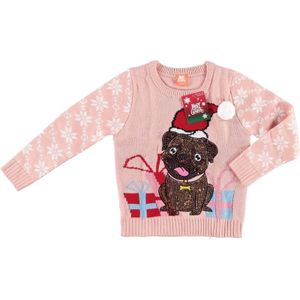 Kerst sweaters mopshondje met kerstmuts roze voor kinderen - kerst truien kind