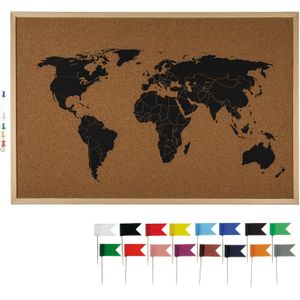 Prikbord wereldkaart met 20x punaise vlaggetjes gekleurd - 60 x 40 cm - kurk - Prikborden