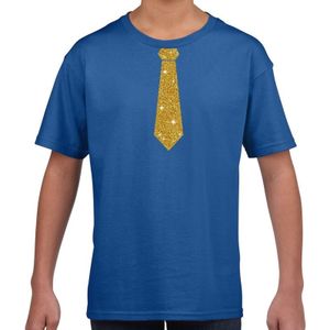 Stropdas goud glitter t-shirt blauw voor kinderen - Feestshirts