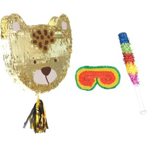 Verjaardag Pinata luipaard - goud - 48 x 50 cm - set met stok en masker - Pinatas