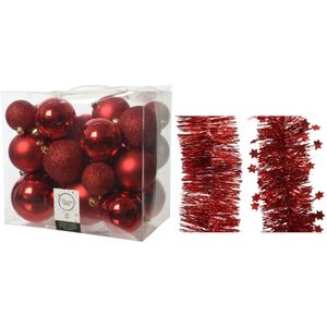 Kerstversiering kunststof kerstballen 6-8-10 cm met folieslingers pakket rood van 28x stuks - Kerstbal