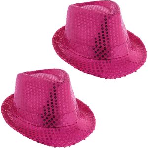 Carnaval verkleed Trilby hoedje met glitter pailletten - 2x - roze - polyester - heren/dames - Verkleedhoofddeksels