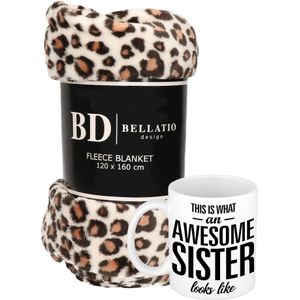 Cadeau zus set - Fleece plaid/deken luipaard print met Awesome Sister mok - Plaids
