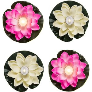 Setje van 6x Stuks Decoratie Waterlelies met LED-licht 13 cm Wit/Roze - Tuin/Vijver Decoraties