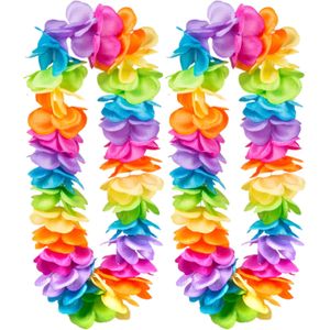 Hawaii krans/slinger - 2x - Tropische/zomerse kleuren mix - Grote bloemen blaadjes hals slingers - Verkleedkransen