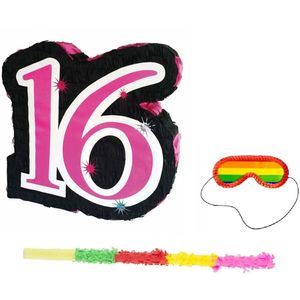 Pinata sweet sixteen 16 jaar set + stok + masker - Pinatas